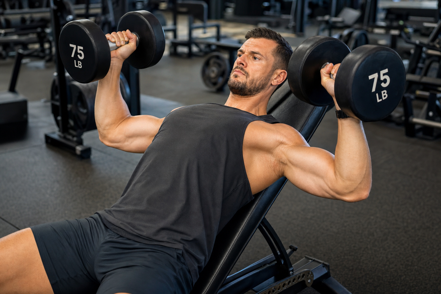 Athlete performing incline dumbbell press with 75 lb dumbbells